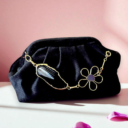 Black Velvet Evening Clutch with Gold Chain & Gold Plated Gemstone Floral Accent, Elegant Handmade Purse for Weddings - Glam Duchess