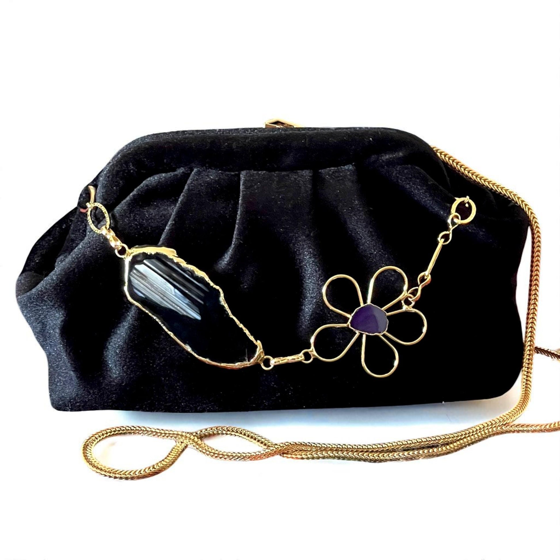 Black Velvet Evening Clutch with Gold Chain & Gold Plated Gemstone Floral Accent, Elegant Handmade Purse for Weddings - Glam Duchess