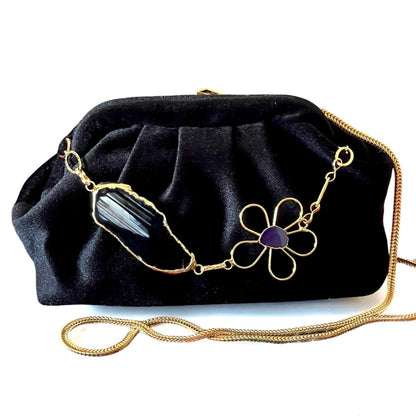 Black Velvet Evening Clutch with Gold Chain & Gold Plated Gemstone Floral Accent, Elegant Handmade Purse for Weddings - Glam Duchess