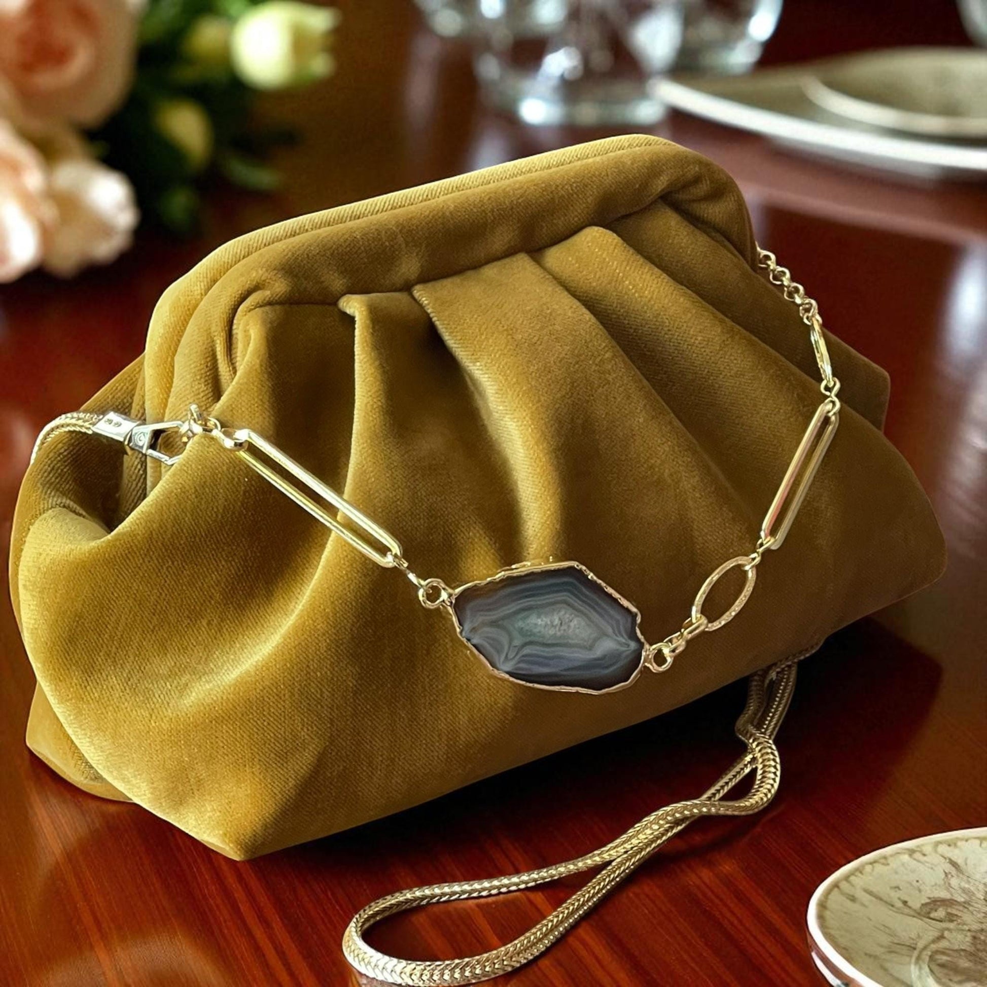 Mustard Velvet Clutch with Agate Stone & Gold Plated Chain, Handmade Boho Chic Evening Bag, Handmade Purse for Weddings - Glam Duchess