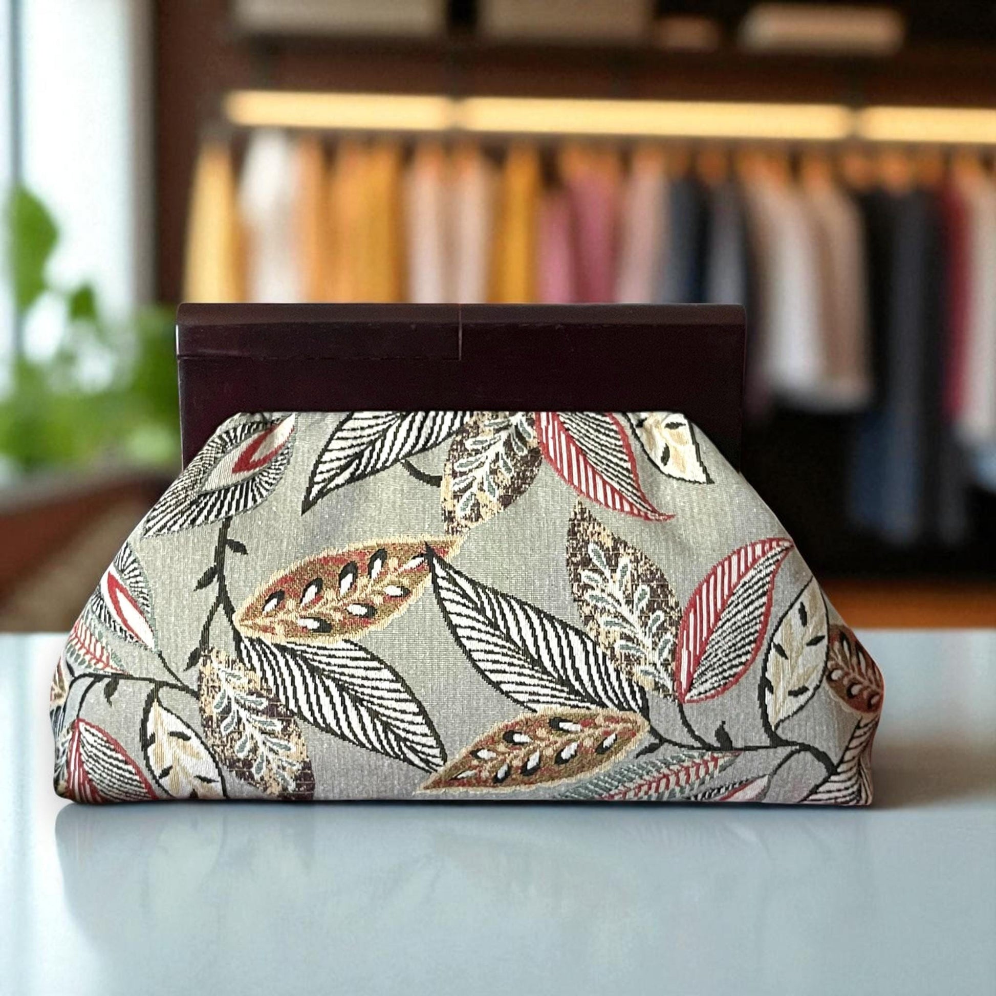 Oversized Leaf Print Fabric Clutch Bag with Wooden Frame| Botanical Pattern Evening Purse| Handmade Nature-Inspired Handbag - Glam Duchess