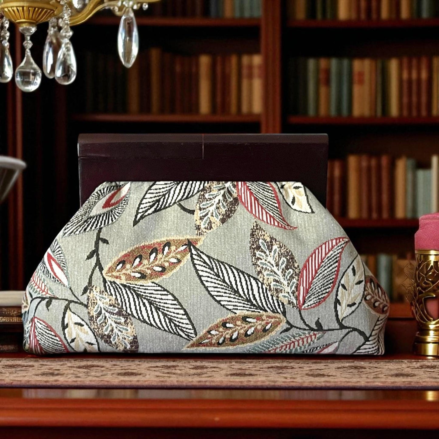 Oversized Leaf Print Fabric Clutch Bag with Wooden Frame| Botanical Pattern Evening Purse| Handmade Nature-Inspired Handbag - Glam Duchess