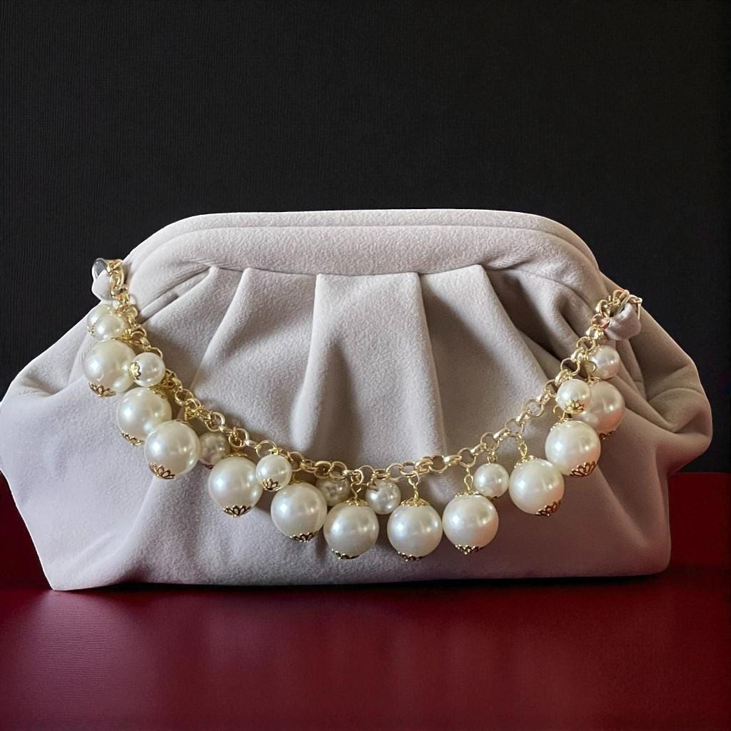 Ivory Velvet Clutch with Pearl Chain & Gold Strap, Elegant Bridal Evening Bag, Handmade Purse, Elegant Folded Bag - Glam Duchess