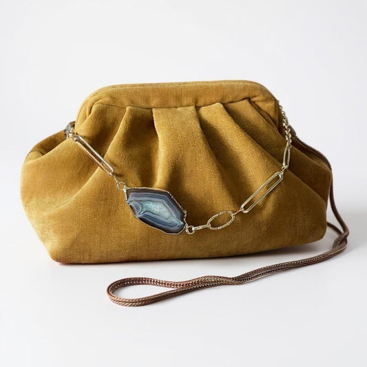 Mustard Velvet Clutch with Agate Stone & Gold Plated Chain, Handmade Boho Chic Evening Bag, Handmade Purse for Weddings - Glam Duchess