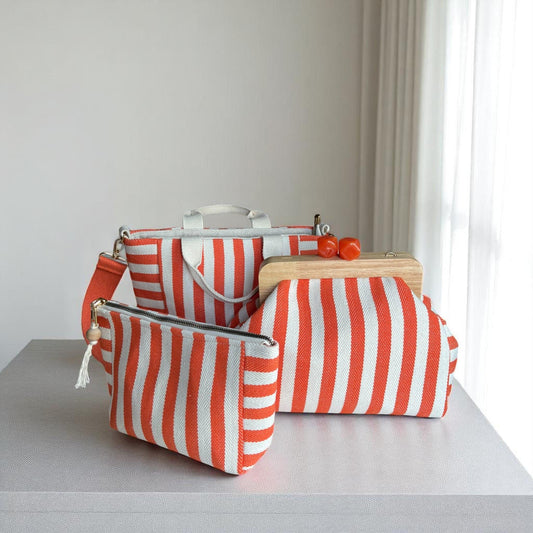 Orange and White Striped Canvas Bag Set, Handmade Tote, Clutch, and Pouch with Wood Frame and Zipper| Summer Travel Set, Hand - Glam Duchess