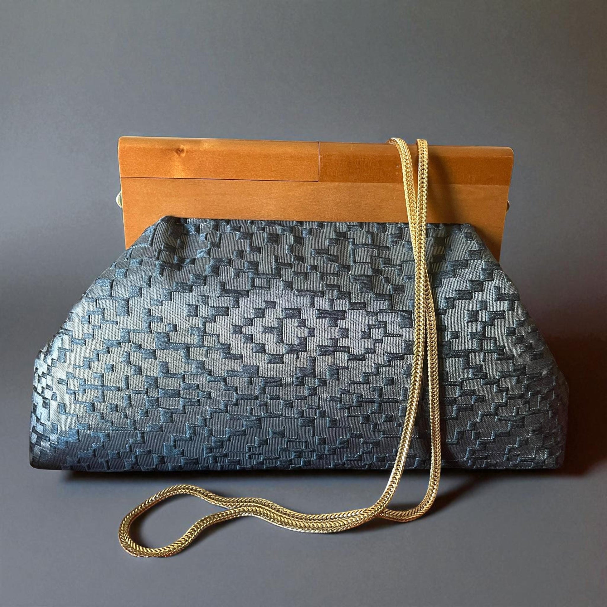 Textured Gray Clutch Bag with Wooden Frame, Large Evening Purse, Elegant Structured Handbag for Women - Glam Duchess