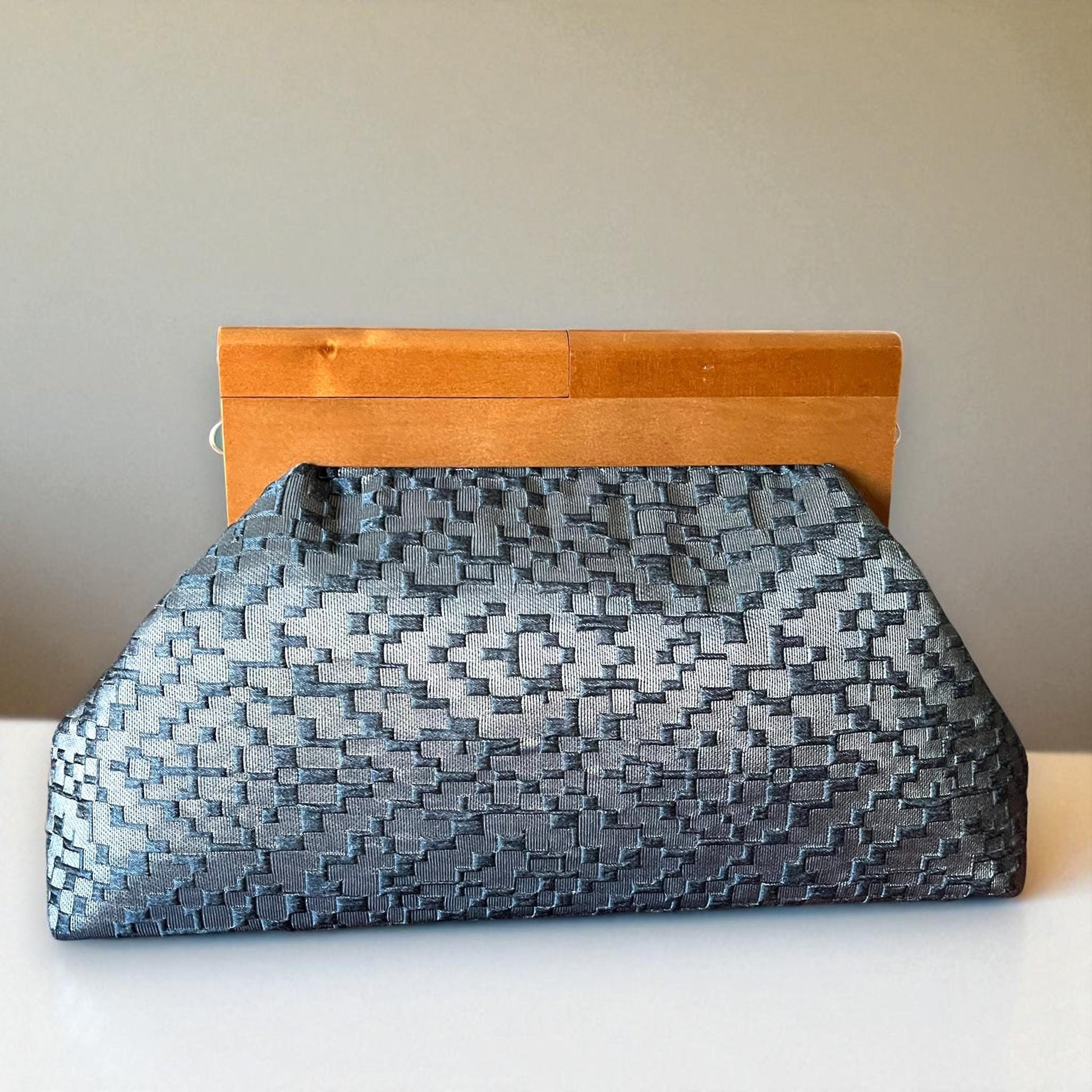 Textured Gray Clutch Bag with Wooden Frame, Large Evening Purse, Elegant Structured Handbag for Women - Glam Duchess