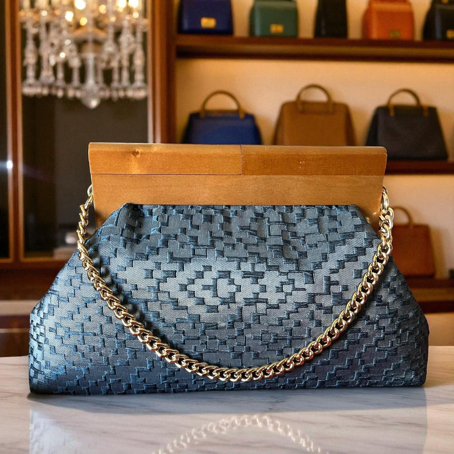 Textured Gray Clutch Bag with Wooden Frame, Large Evening Purse, Elegant Structured Handbag for Women - Glam Duchess