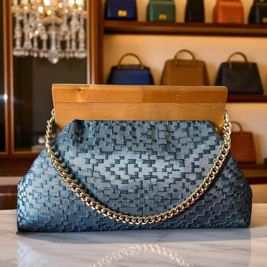 Textured Gray Clutch Bag with Wooden Frame, Large Evening Purse, Elegant Structured Handbag for Women