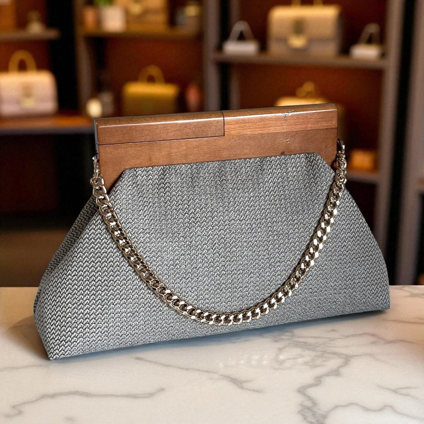 One of a Kind Oversized Handmade Geometric Gray Clutch with Wooden Handle & Beaded Chain – Modern Woven Evening Purse