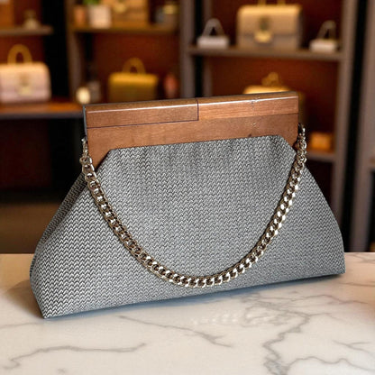 One of a Kind Oversized Handmade Geometric Gray Clutch with Wooden Handle & Beaded Chain – Modern Woven Evening Purse
