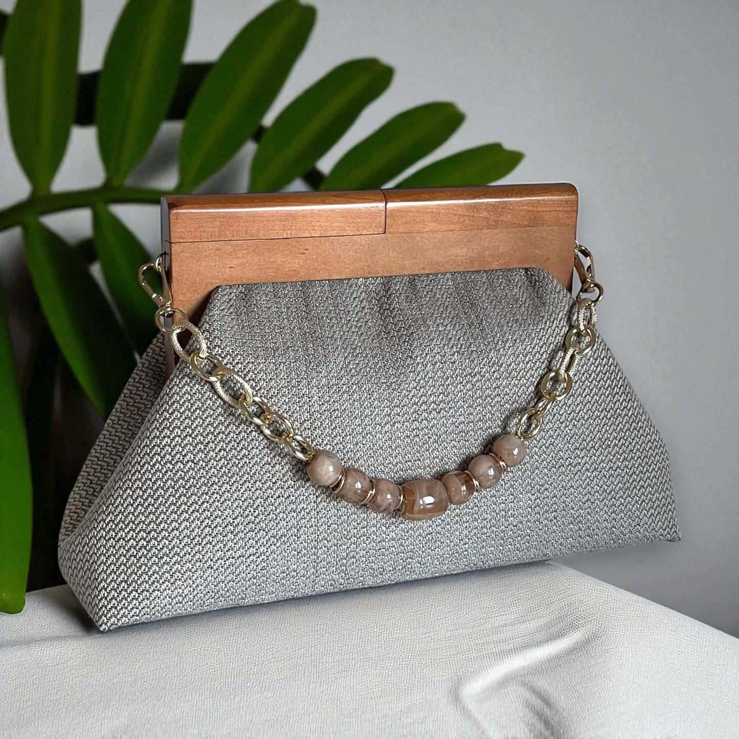 One of a Kind Oversized Handmade Geometric Gray Clutch with Wooden Handle & Beaded Chain – Modern Woven Evening Purse