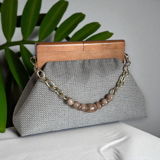 One of a Kind Oversized Handmade Geometric Gray Clutch with Wooden Handle & Beaded Chain – Modern Woven Evening Purse | Made in Türkiye