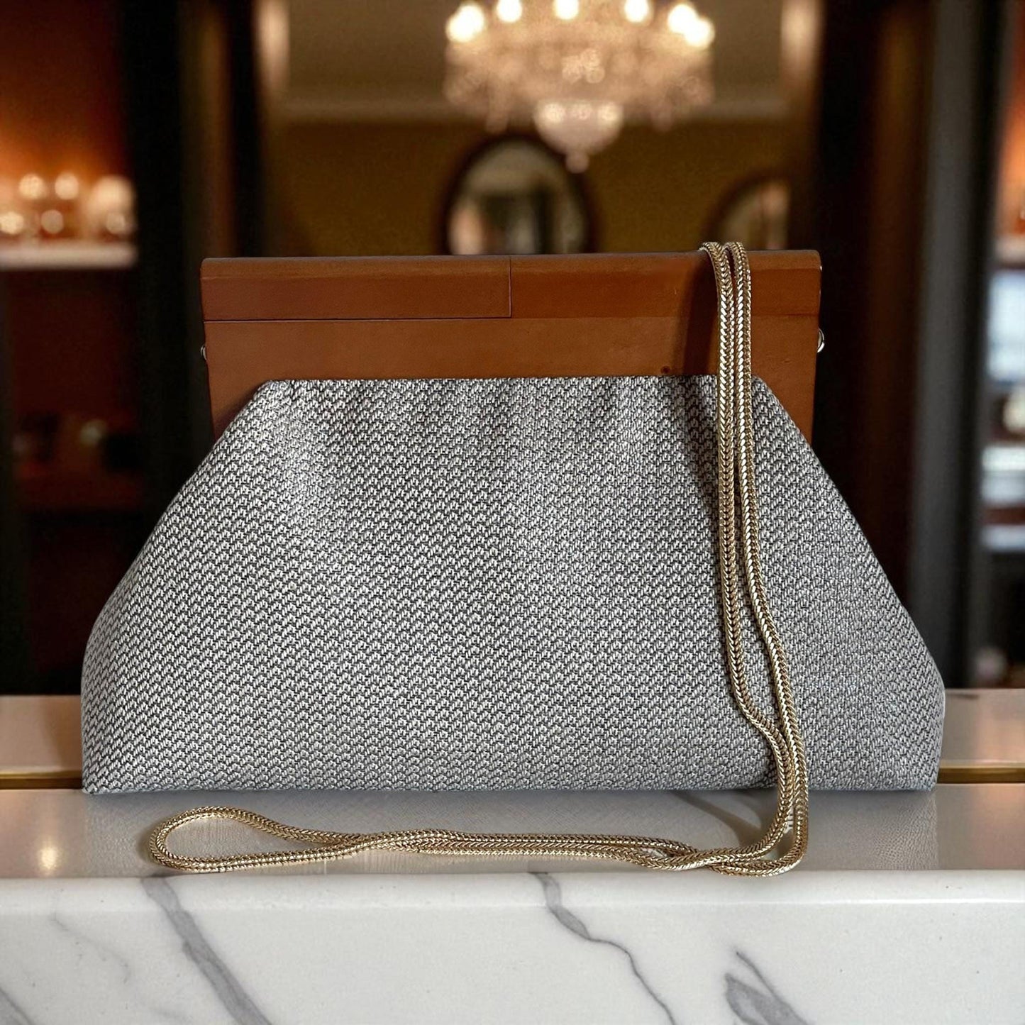 One of a Kind Oversized Handmade Geometric Gray Clutch with Wooden Handle & Beaded Chain – Modern Woven Evening Purse