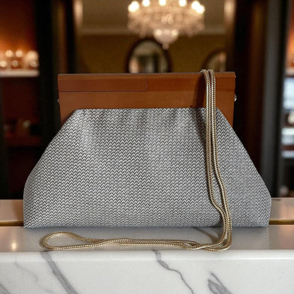 One of a Kind Oversized Handmade Geometric Gray Clutch with Wooden Handle & Beaded Chain – Modern Woven Evening Purse