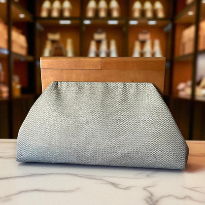 One of a Kind Oversized Handmade Geometric Gray Clutch with Wooden Handle & Beaded Chain – Modern Woven Evening Purse