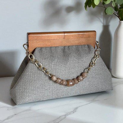 One of a Kind Oversized Handmade Geometric Gray Clutch with Wooden Handle & Beaded Chain – Modern Woven Evening Purse