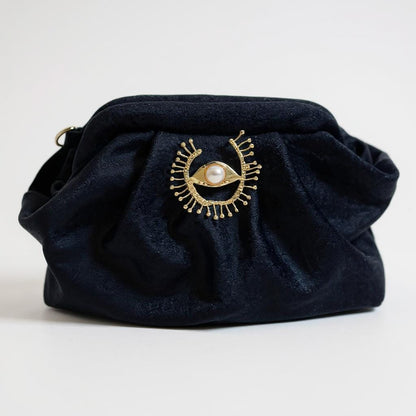 Black Velvet Evening Clutch with Gold Chain & Pearl Eye Brooch, Elegant Handmade Purse for Weddings, Parties, Evening Bag - Glam Duchess