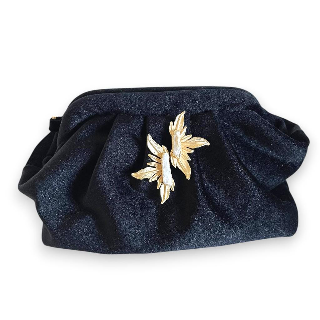 Black Velvet Evening Clutch with Gold Chain & Baroque Pearl Brooch – Elegant Handmade Purse for Weddings, Formal Events – - Glam Duchess