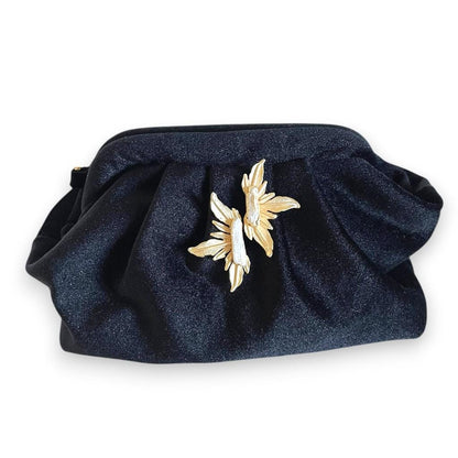 Black Velvet Evening Clutch with Gold Chain & Baroque Pearl Brooch – Elegant Handmade Purse for Weddings, Formal Events – - Glam Duchess