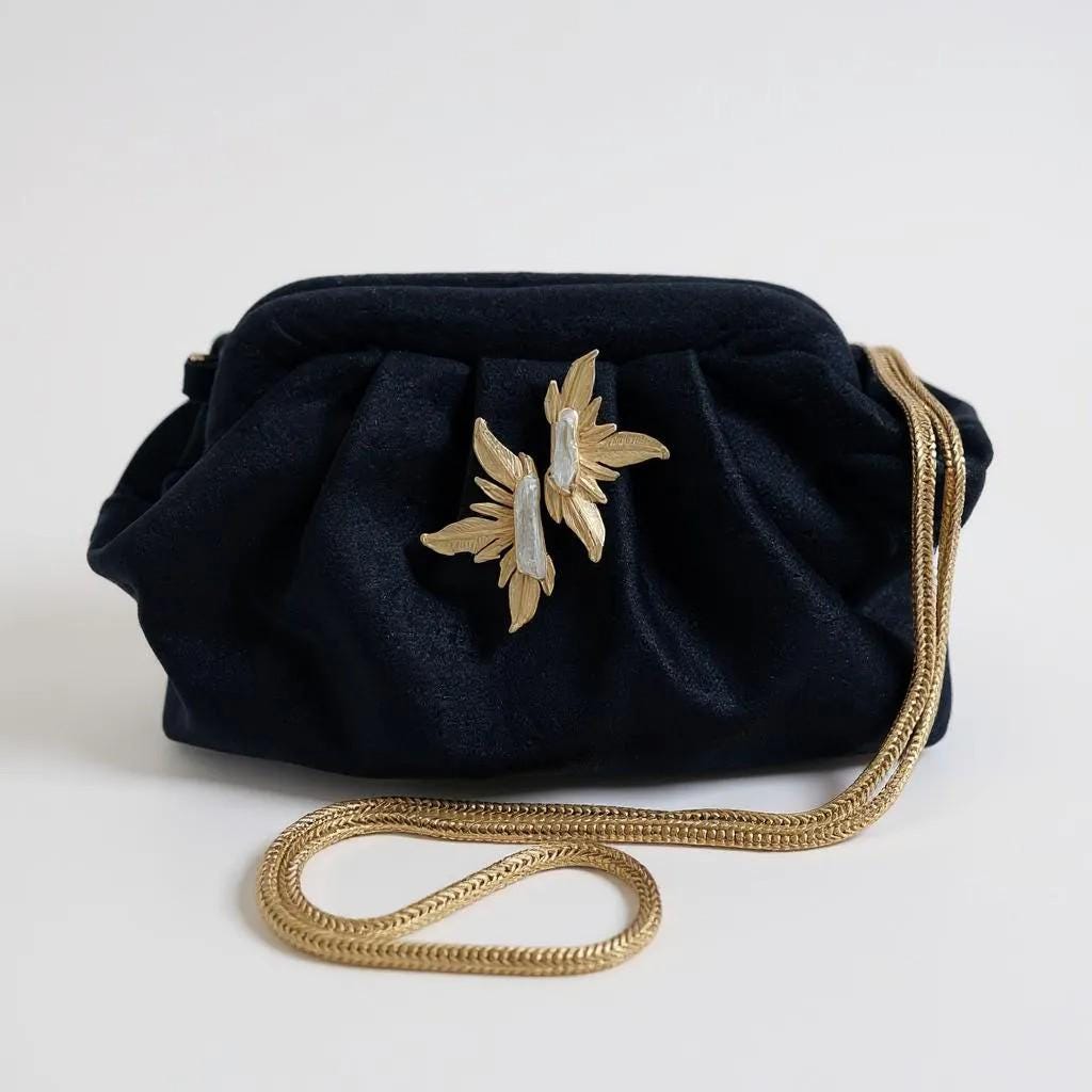 Black Velvet Evening Clutch with Gold Chain & Baroque Pearl Brooch – Elegant Handmade Purse for Weddings, Formal Events – - Glam Duchess
