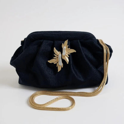 Black Velvet Evening Clutch with Gold Chain & Baroque Pearl Brooch – Elegant Handmade Purse for Weddings, Formal Events – - Glam Duchess