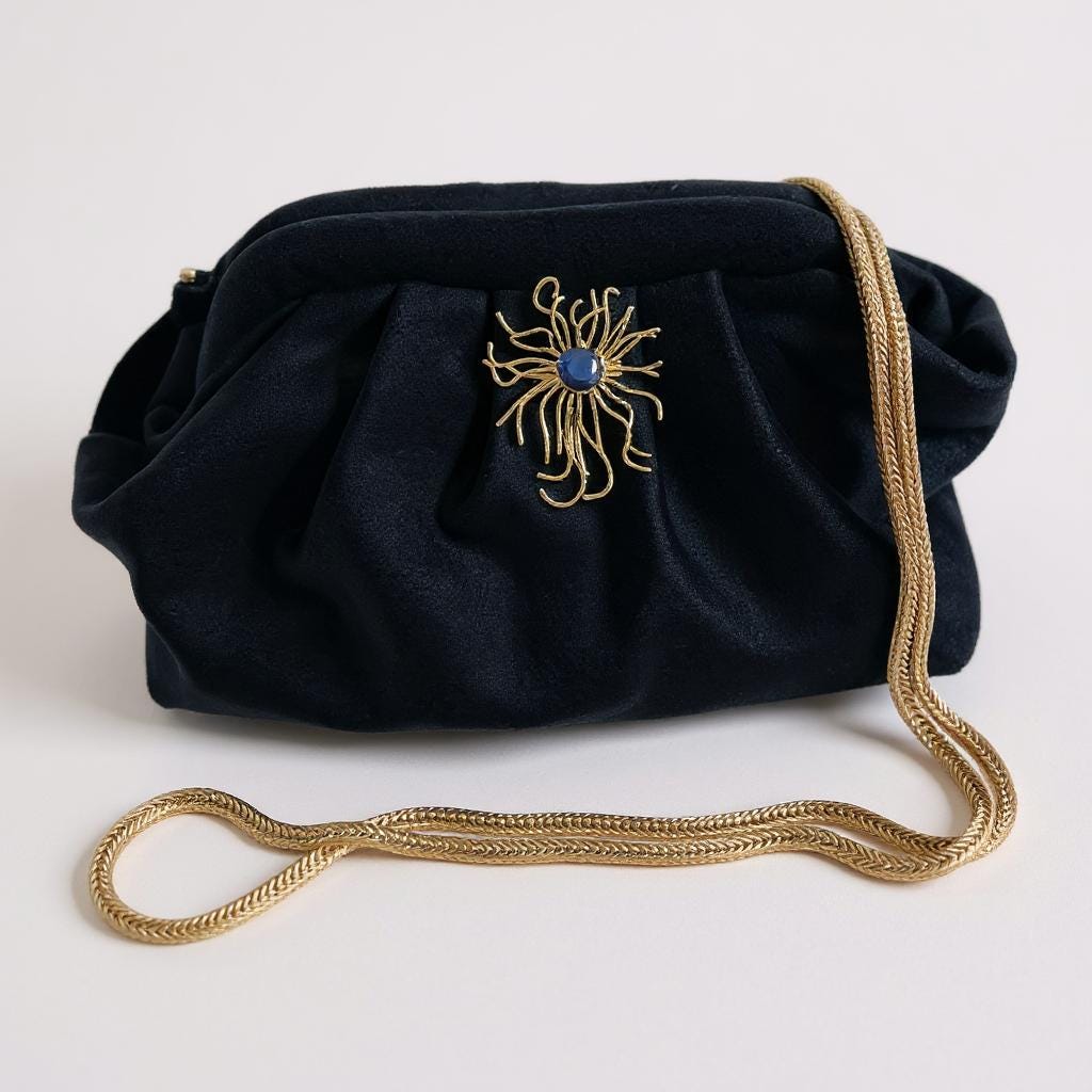 Midnight Velvet Clutch with Gold Floral Brooch| Elegant Evening Bag | Handmade Purse for Weddings & Special Events| - Glam Duchess