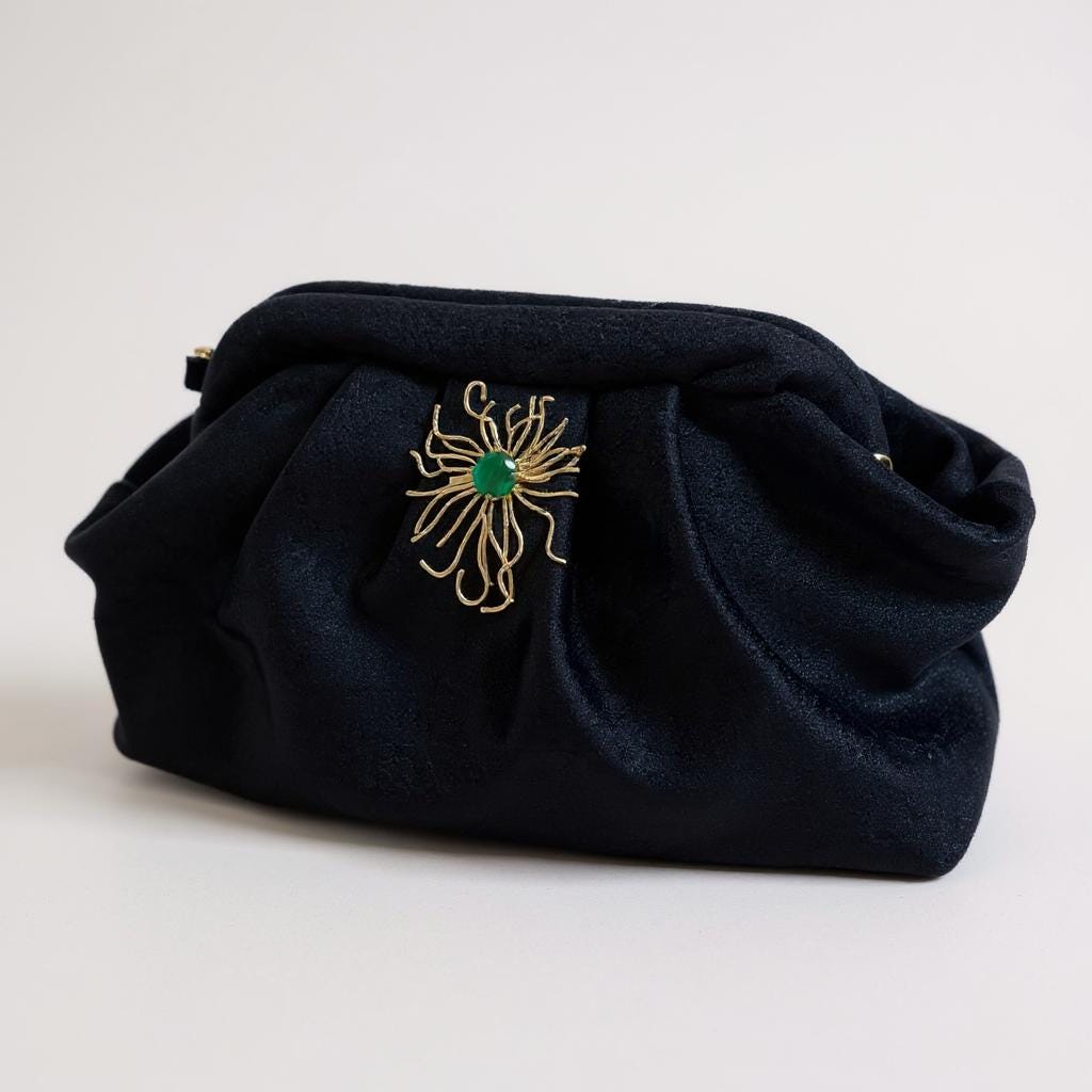 Midnight Velvet Clutch with Gold Floral Brooch| Elegant Evening Bag | Handmade Purse for Weddings & Special Events| - Glam Duchess