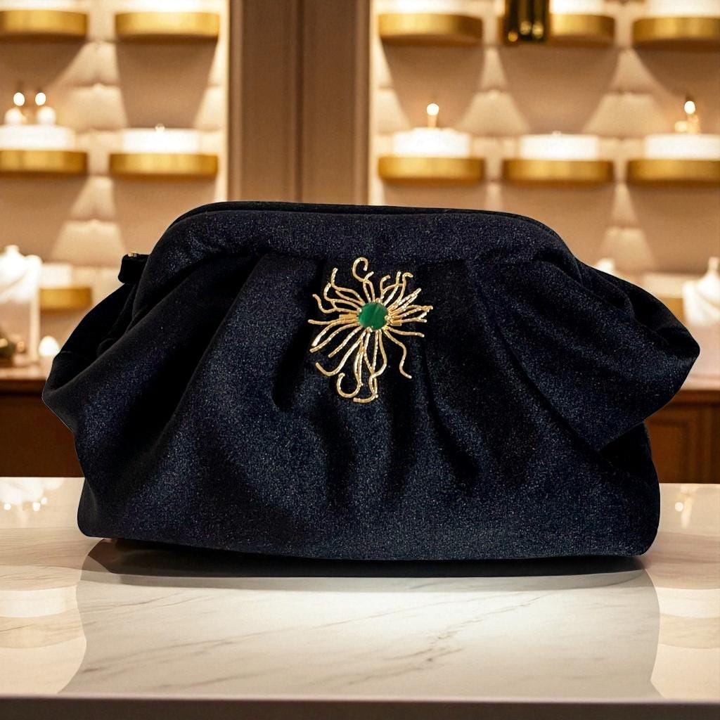 Midnight Velvet Clutch with Gold Floral Brooch| Elegant Evening Bag | Handmade Purse for Weddings & Special Events| - Glam Duchess