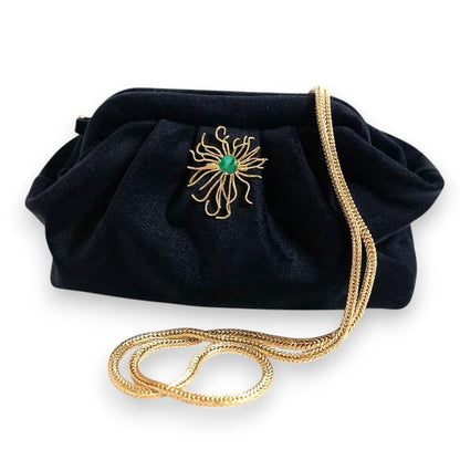 Midnight Velvet Clutch with Gold Floral Brooch| Elegant Evening Bag | Handmade Purse for Weddings & Special Events| - Glam Duchess