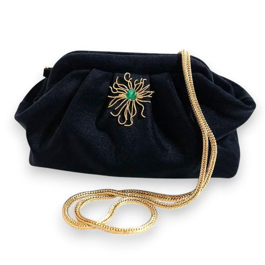 Midnight Velvet Clutch with Gold Floral Brooch| Elegant Evening Bag | Handmade Purse for Weddings & Special Events| - Glam Duchess