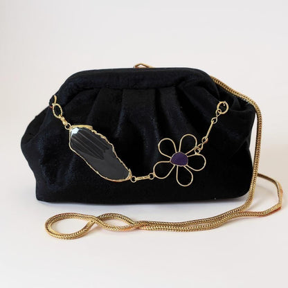 Black Velvet Evening Clutch with Gold Chain & Gold Plated Gemstone Floral Accent, Elegant Handmade Purse for Weddings - Glam Duchess
