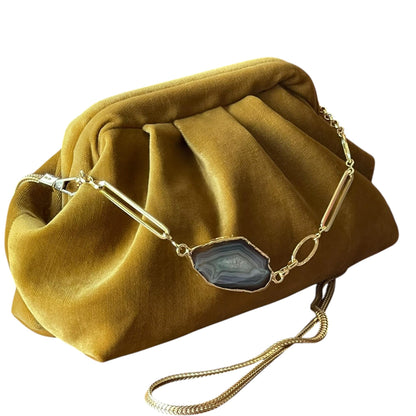 Mustard Velvet Clutch with Agate Stone & Gold Plated Chain, Handmade Boho Chic Evening Bag, Handmade Purse for Weddings - Glam Duchess