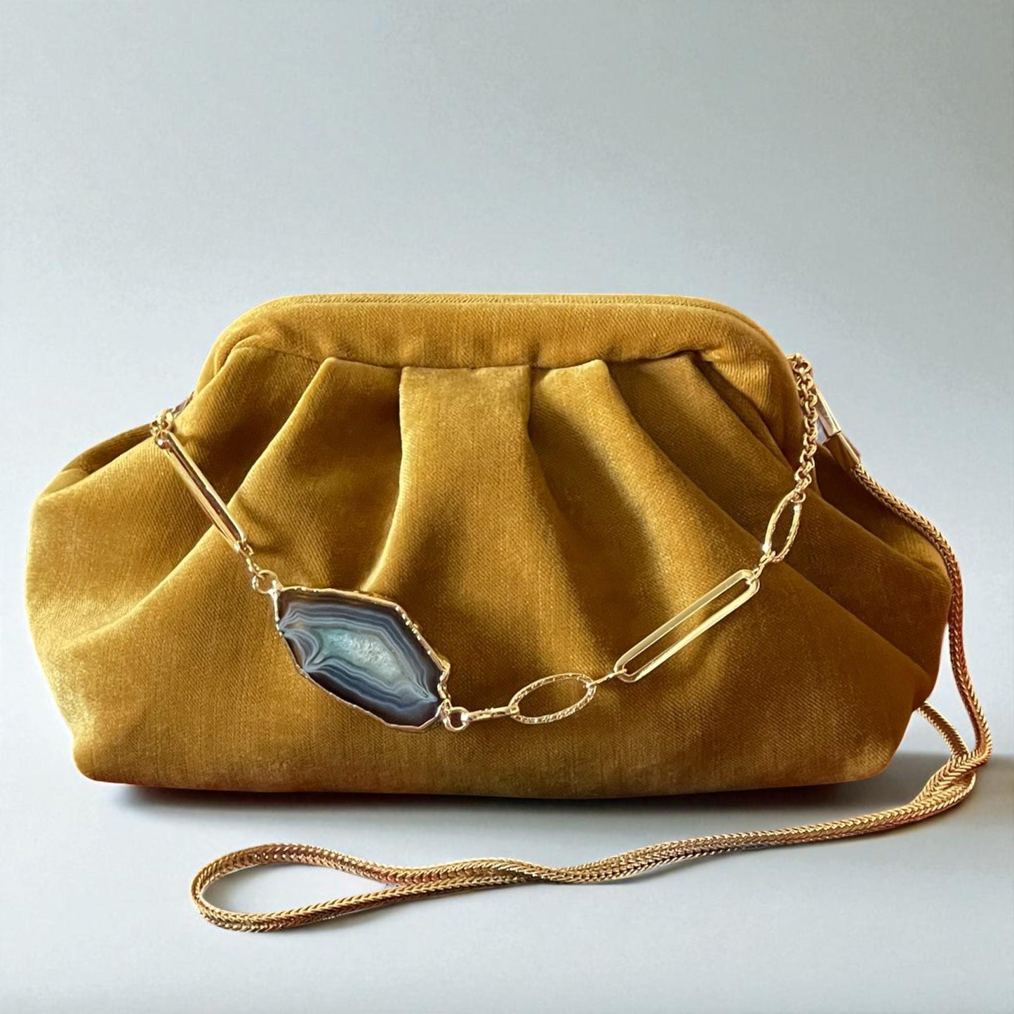 Mustard Velvet Clutch with Agate Stone & Gold Plated Chain, Handmade Boho Chic Evening Bag, Handmade Purse for Weddings - Glam Duchess
