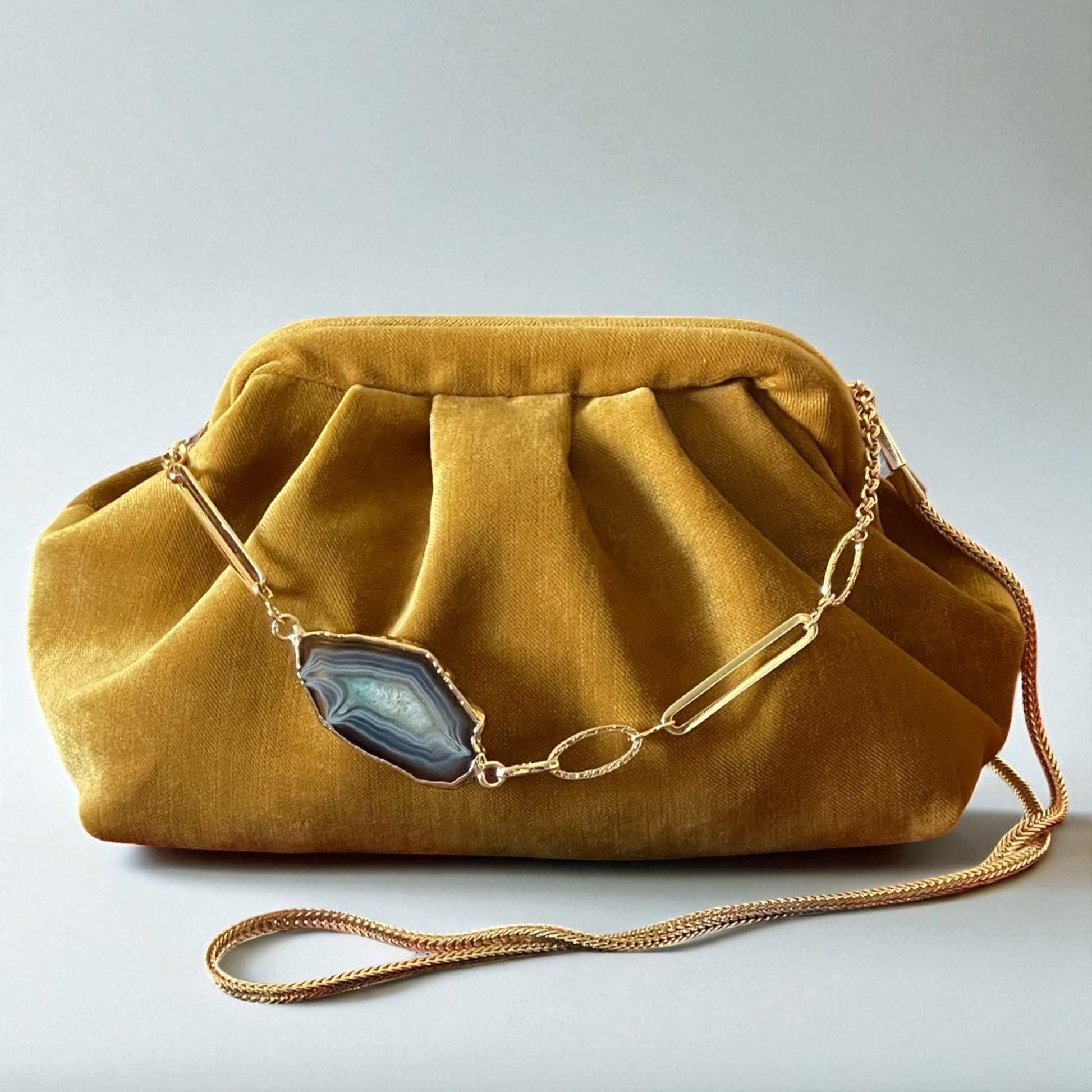 Mustard Velvet Clutch with Agate Stone & Gold Plated Chain, Handmade Boho Chic Evening Bag, Handmade Purse for Weddings - Glam Duchess