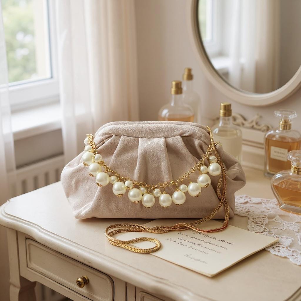 Ivory Velvet Clutch with Pearl Chain & Gold Strap, Elegant Bridal Evening Bag, Handmade Purse, Elegant Folded Bag - Glam Duchess