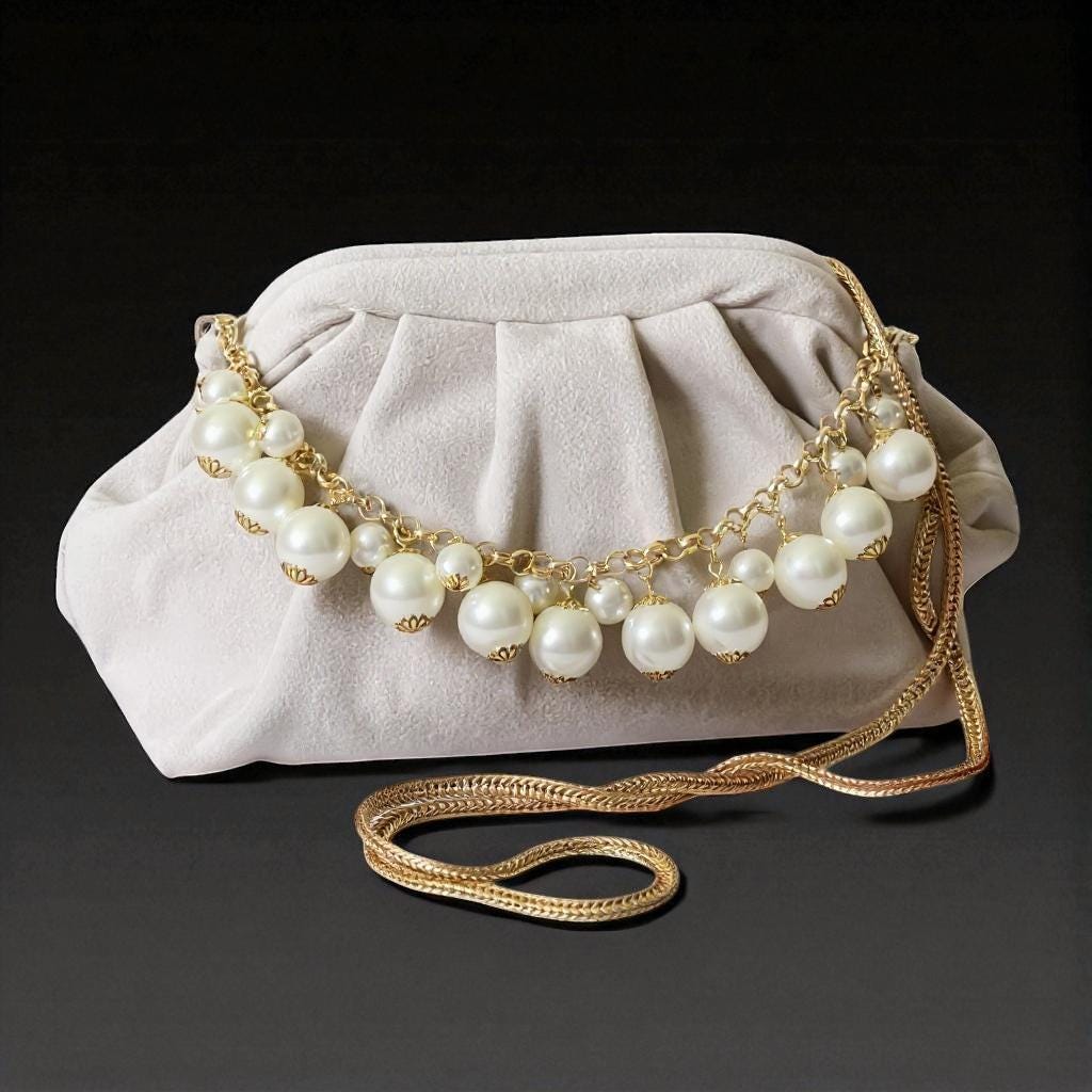 Ivory Velvet Clutch with Pearl Chain & Gold Strap, Elegant Bridal Evening Bag, Handmade Purse, Elegant Folded Bag - Glam Duchess