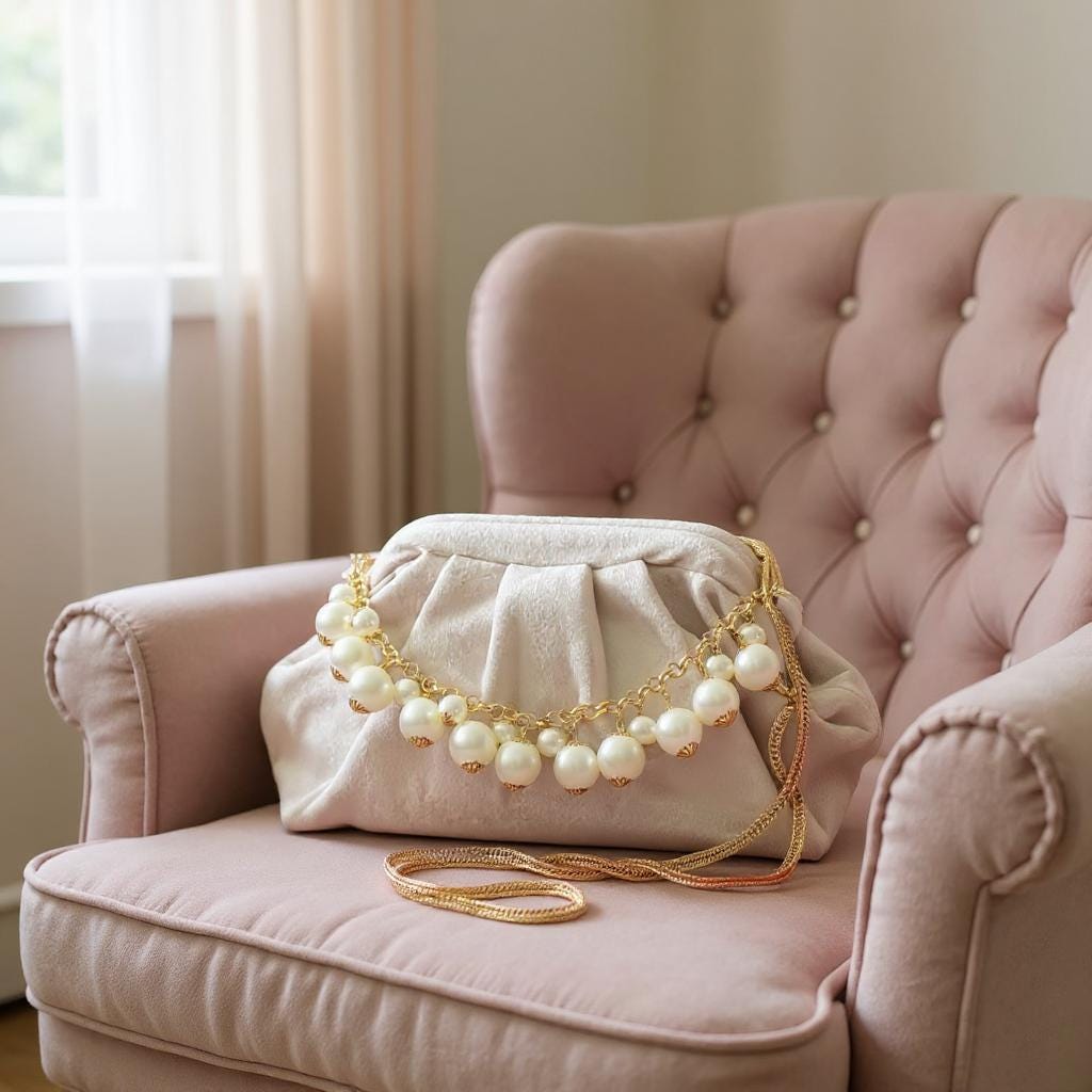 Ivory Velvet Clutch with Pearl Chain & Gold Strap, Elegant Bridal Evening Bag, Handmade Purse, Elegant Folded Bag - Glam Duchess