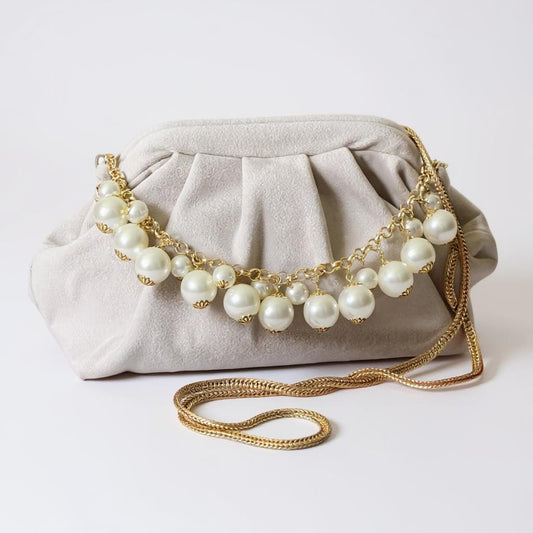 Ivory Velvet Clutch with Pearl Chain & Gold Strap, Elegant Bridal Evening Bag, Handmade Purse, Elegant Folded Bag - Glam Duchess