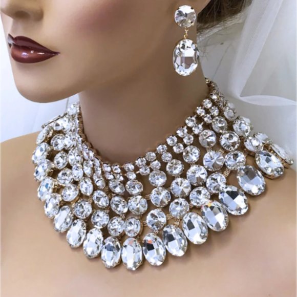 Chunky Crystal Bib Necklace Statement Earrings Wedding Jewelry Set