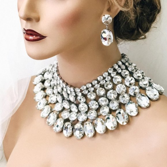 Chunky Crystal Bib Necklace Statement Earrings Wedding Jewelry Set