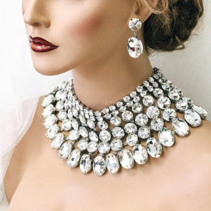 Chunky Crystal Bib Necklace Statement Earrings Wedding Jewelry Set
