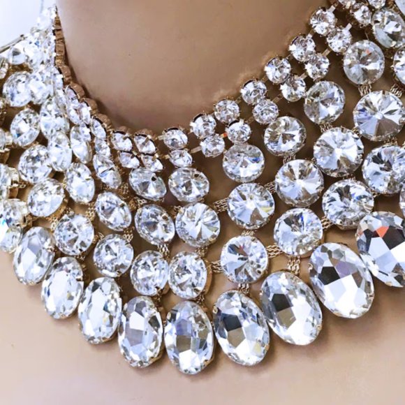 Chunky Crystal Bib Necklace Statement Earrings Wedding Jewelry Set