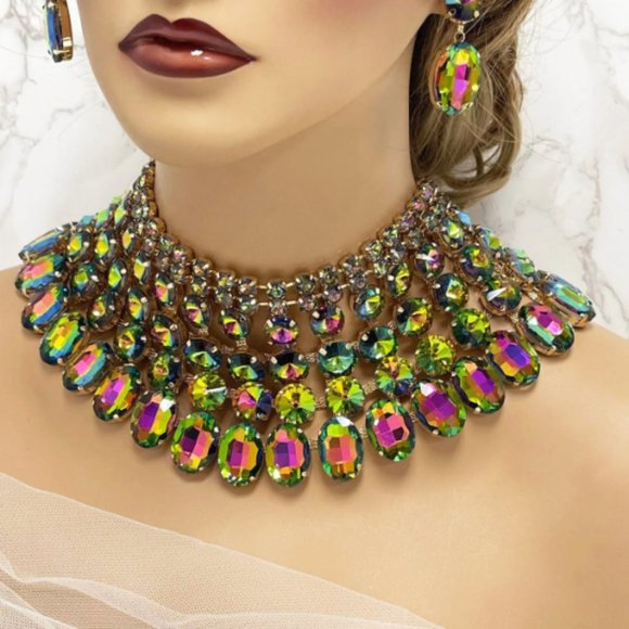 Chunky Green Ombre Crystal Bib Necklace Statement Earrings Wedding Jewelry Set