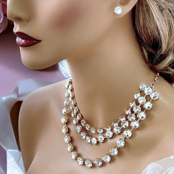 Triple Layer Crystal Statement Gold Rhinestone Necklace & Stud Earrings Set - Glam Duchess