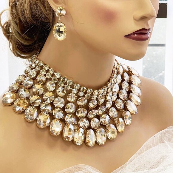 Chunky Champagne Crystal Bib Necklace Statement Earrings Wedding Jewelry Set