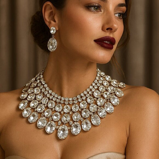 Chunky Crystal Bib Necklace Statement Earrings Wedding Jewelry Set