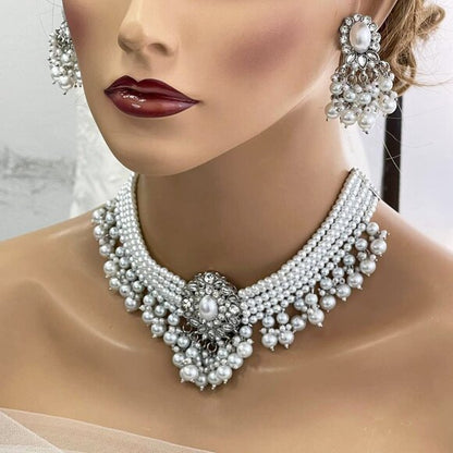 Handmade Pearl Bridal Jewelry Set – Statement Necklace & Earrings for Weddings
