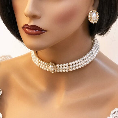Unique Victorian Pearl choker necklace earrings Bracelet Jewelry Set, Wedding Jewelry Set
