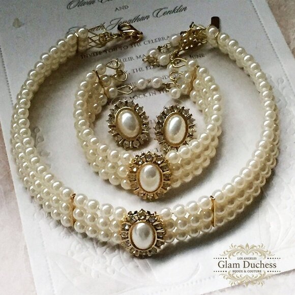 Unique Victorian Pearl choker necklace earrings Bracelet Jewelry Set, Wedding Jewelry Set